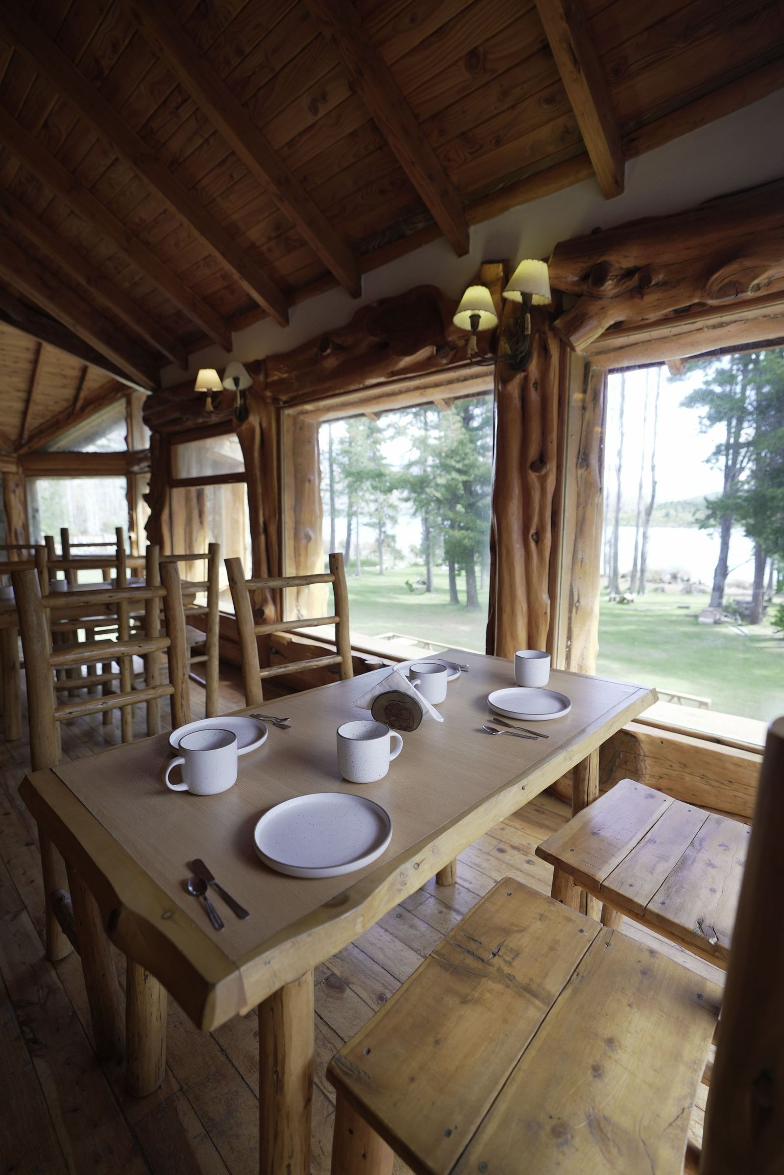 Living de Miradas del Lago, madera y piedra